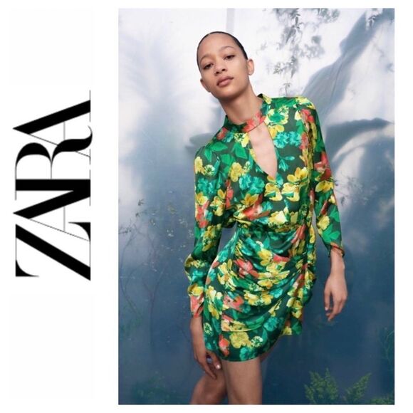 NWT Zara Blogger’s Favorite Floral Satin Effect Cutout Long Sleeve Mini Dress - Picture 1 of 16